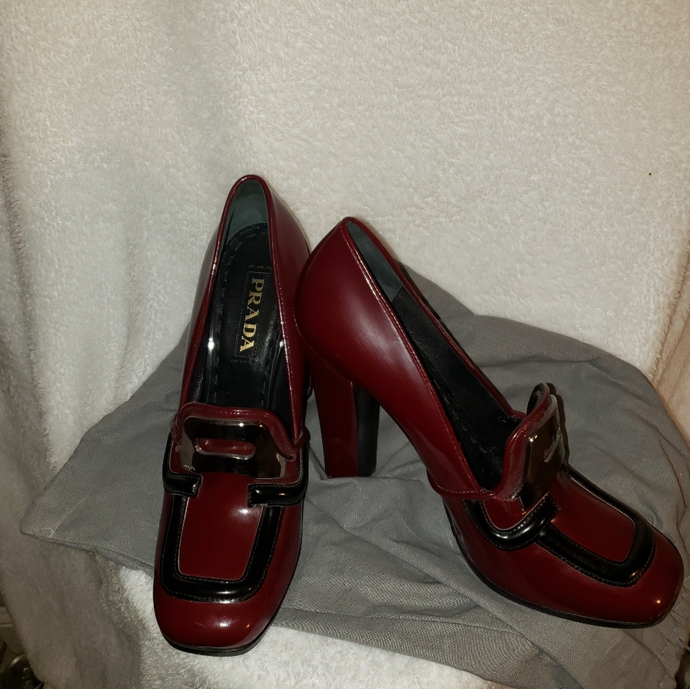 Prada burgundy patent leather block heels.